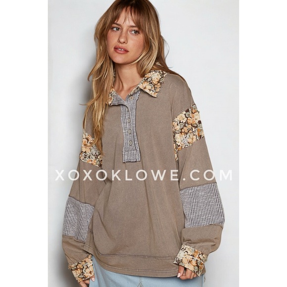 POL Tops - POL Grey Floral Contrast Half Button Oversized Top